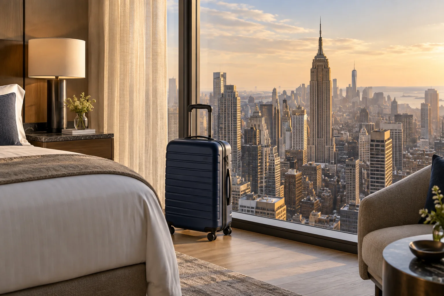 Travel suitcase beside a window overlooking New York